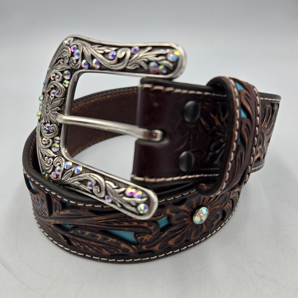 Ariat Women's Western Leather Small Laser Cut Floral Turquoise Rhinestone 36"